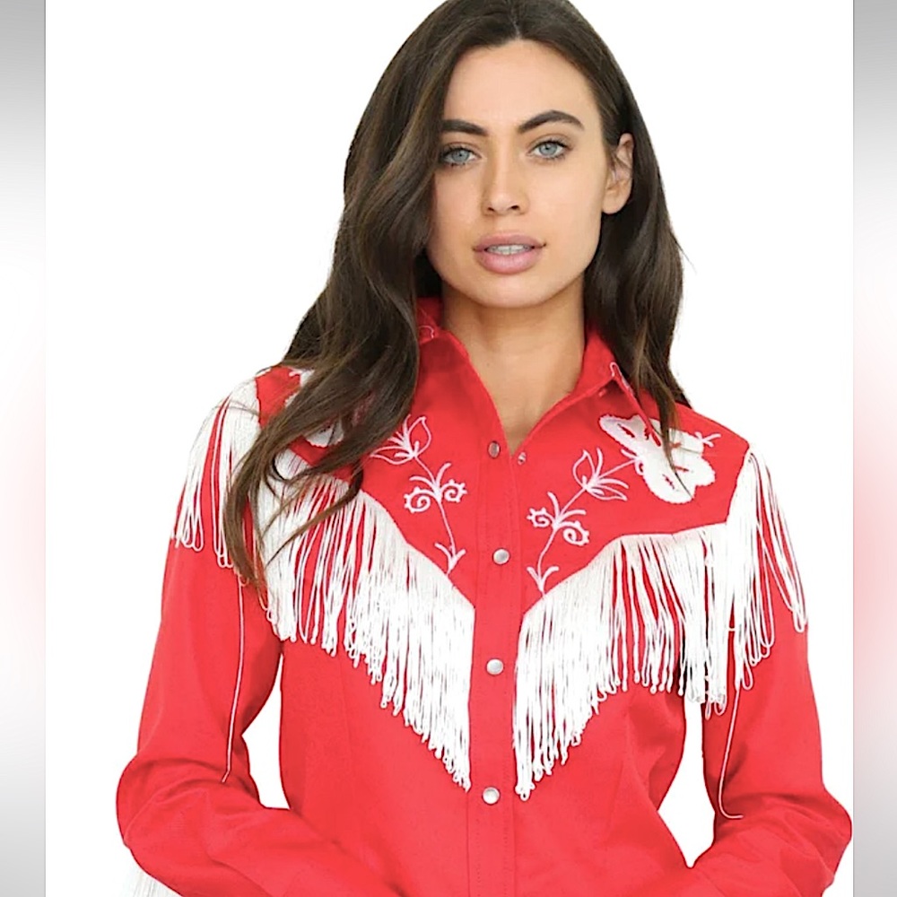 vintage, beautiful, deep, red, with white western shirt, Taos, H bar C